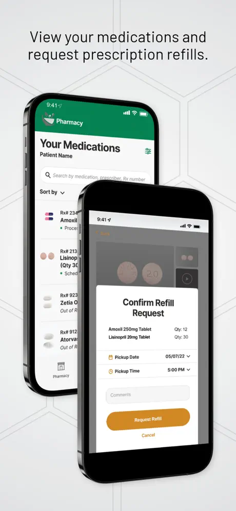 Rx365 app screen showing a medication list and a refill request confirmation