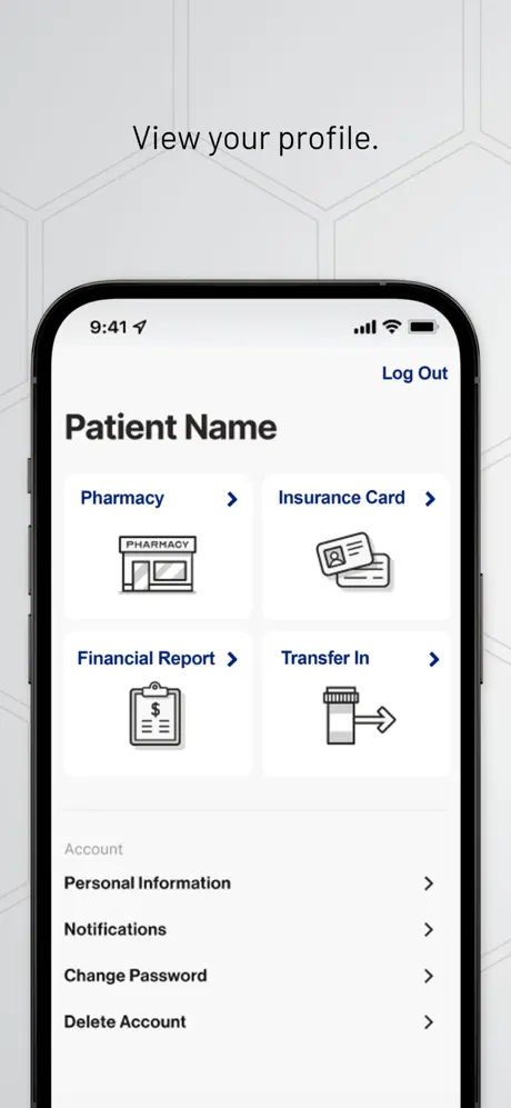 Rx365 app profile screen with pharmacy, insurance card, and transfer options