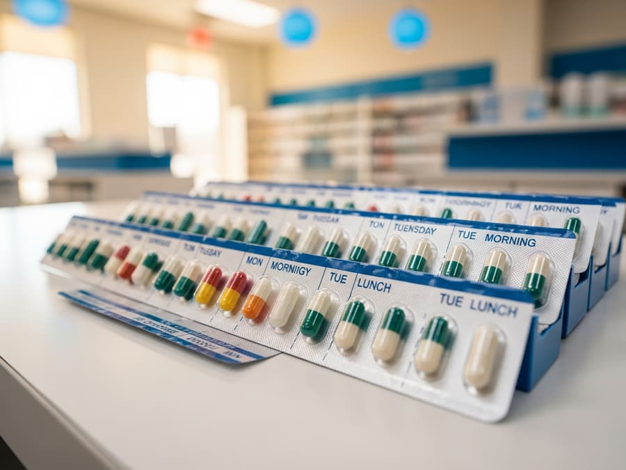 Multi-dose compliance packaging organized by day and time on a pharmacy counter