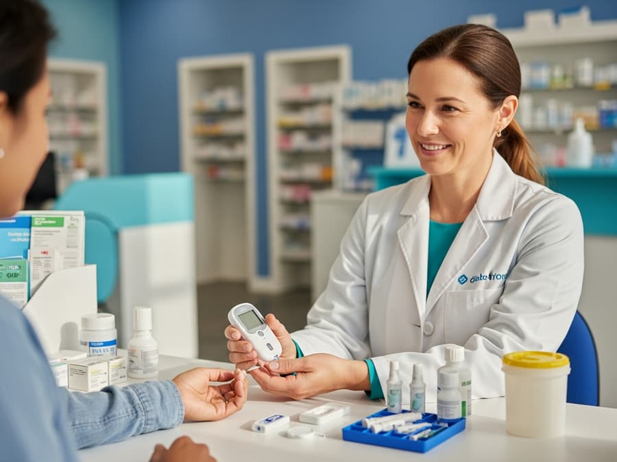 Pharmacist helping a patient check blood sugar at a counseling desk