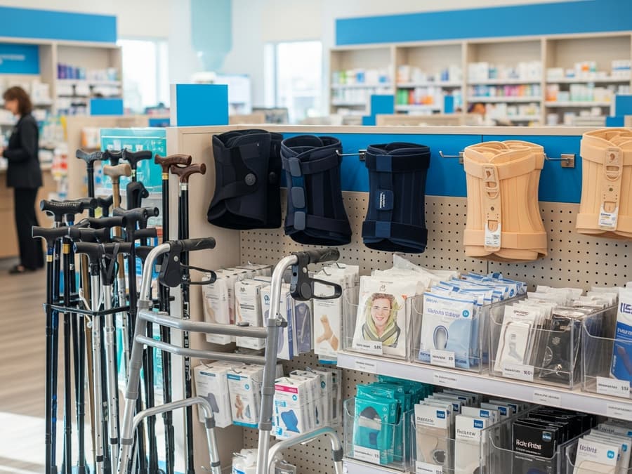 Durable medical equipment including canes, walkers, and braces in a pharmacy