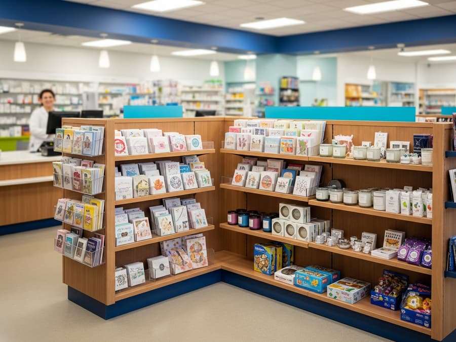 Pharmacy gift shop with greeting cards, candles, and keepsakes