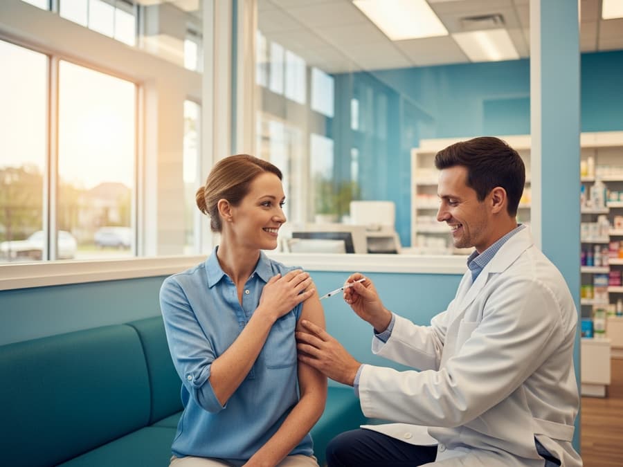 Pharmacist administering an immunization to a seated patient