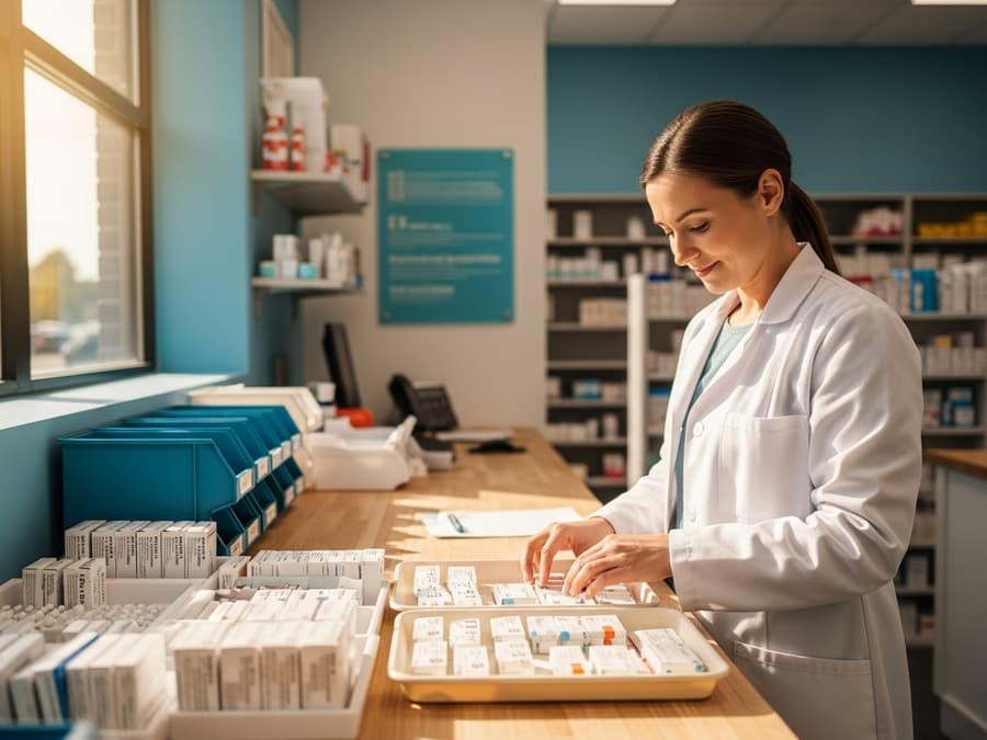 Pharmacist organizing labeled medication packaging for a care facility