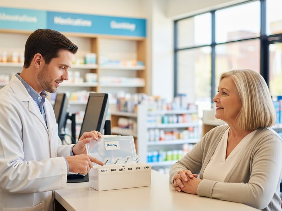 Pharmacist explaining a weekly medication schedule to a patient