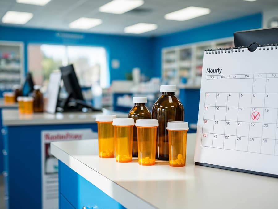Prescription bottles aligned with a calendar for a single monthly pickup
