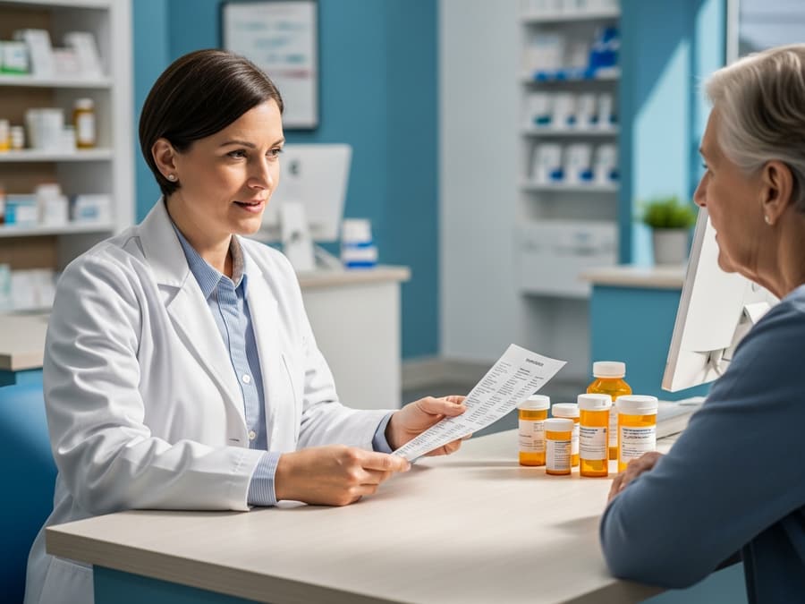 Pharmacist reviewing a list of medications with a patient across a desk