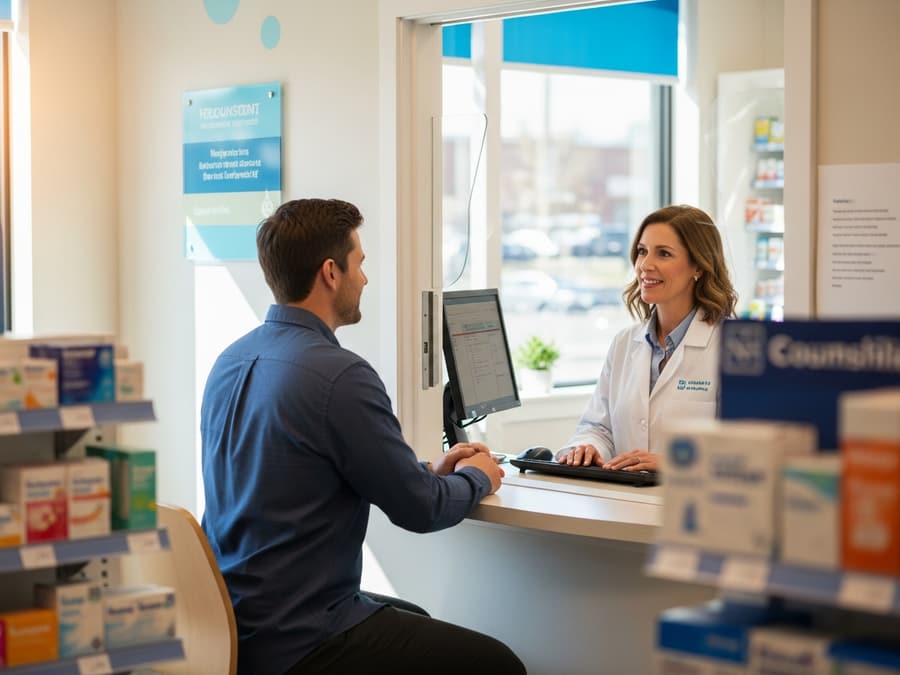 A private, professional consultation between a male patient and a pharmacist