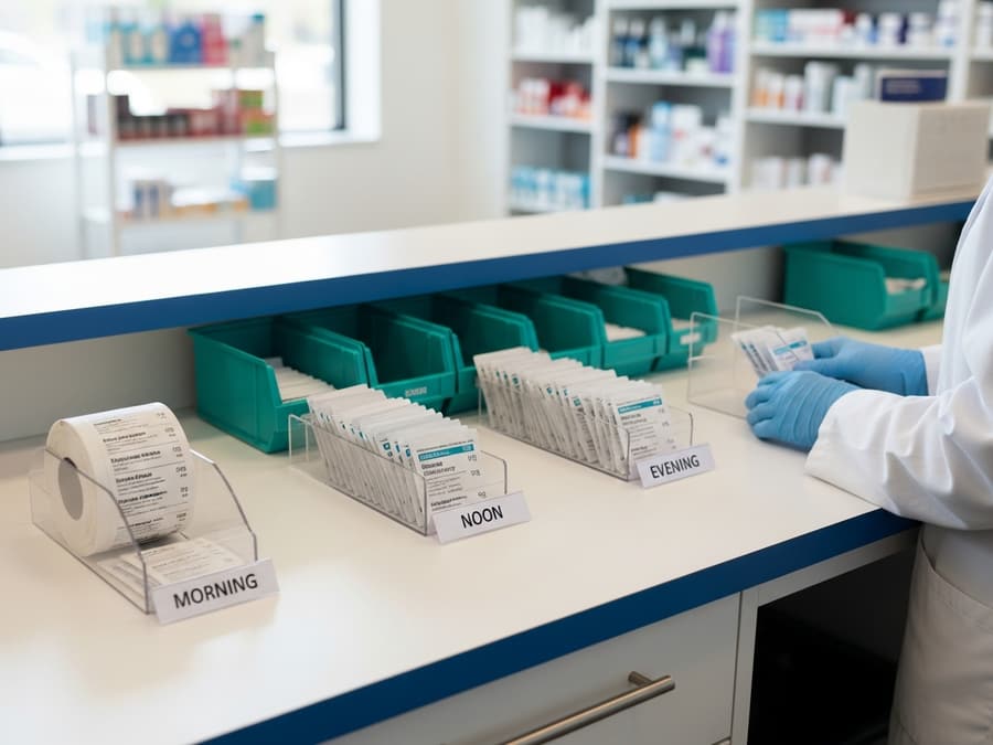 Single-dose medication packets sorted by date and time