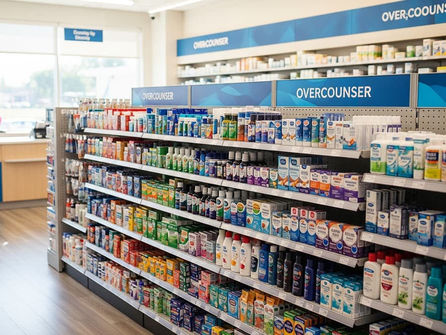 Well-stocked over-the-counter aisle in a community pharmacy