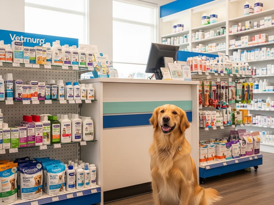 Pet medications and supplies on a pharmacy counter with a friendly dog
