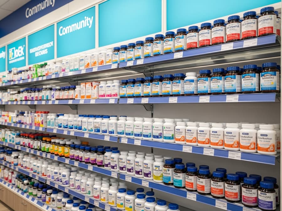 Shelf display of vitamins and supplements in a bright pharmacy